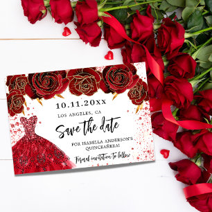 Reserva La Fecha Vestido rojo de quinceañera con flores blancas gla
