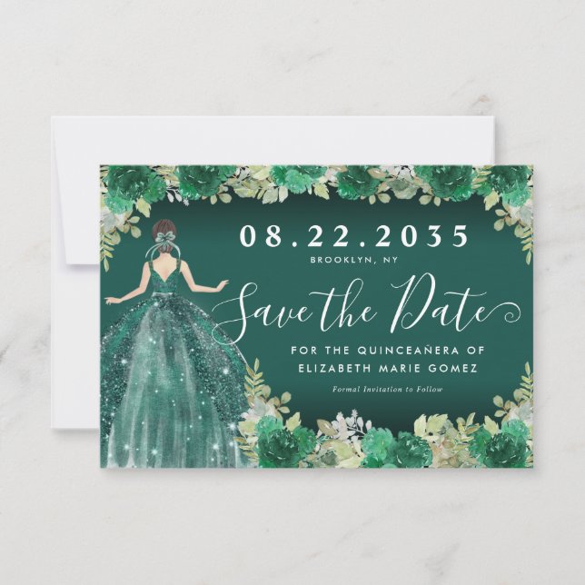 Reserva La Fecha Vestido verde esmeralda floral Cumpleaños Quincean (Anverso)