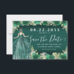 Reserva La Fecha Vestido verde esmeralda floral Cumpleaños Quincean<br><div class="desc">Floral Emerald Green Princess Gown Vestido Purpurina Sparkle Invitación Quinceanera</div>