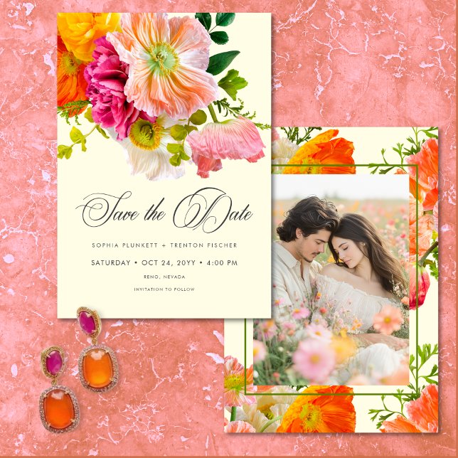 Reserva La Fecha Vibrant Summer Floral Yellow Orange Pink Photo (Vibrant Summer Floral Yellow Orange Pink Photo Save The Date)