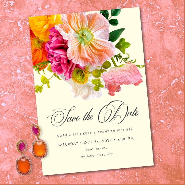 Reserva La Fecha Vibrant Summer Floral Yellow Orange Pink Wedding (Vibrant Summer Floral Yellow Orange Pink Save The Date)