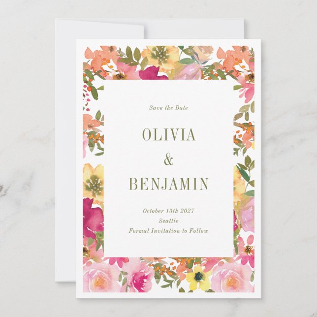 Reserva La Fecha Vibrante acuarela Floral Jardín Foto Primavera (Anverso)