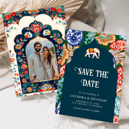 Reserva La Fecha Vibrante arte popular indio Elefante Boda Azul Osc