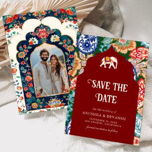 Reserva La Fecha Vibrante arte popular indio Elefante Boda Rojo Osc