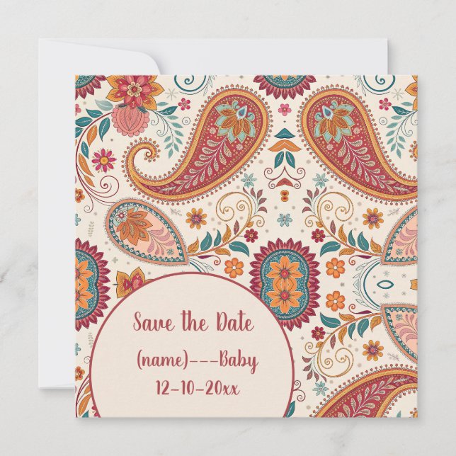 Reserva La Fecha Vibrante patrón floral blanco Paisley Boho (Anverso)