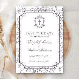 Reserva La Fecha Victorian White and Dusty Purple Catholic Wedding