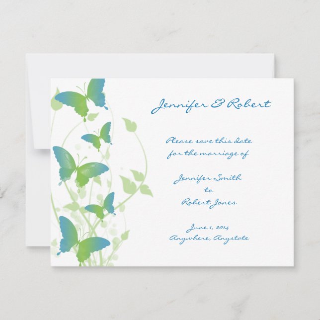 Reserva La Fecha Vino de mariposa azul y verde salva la fecha (Anverso)