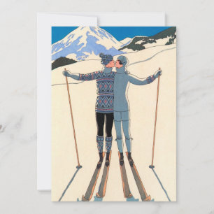 Reserva La Fecha Vintage Art Deco Love Kiss Skis Snow Save the Date