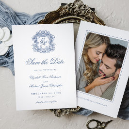 Reserva La Fecha Vintage Blue Elegant Crest Monogram Wedding Photo