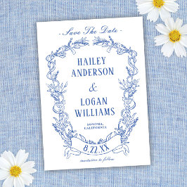 Reserva La Fecha Vintage Blue Floral Frame Wedding Guardar La Fecha