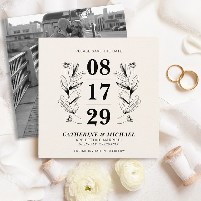 Reserva La Fecha Vintage Boda Botánica Elegante en Negro y Crema (Elegant vintage black & cream retro botanical floral photo square wedding save the date)