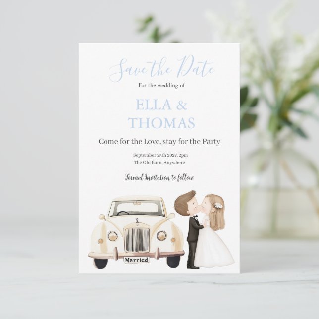 Reserva La Fecha Vintage Car Bride & Groom Lavender  (Anverso de pie)