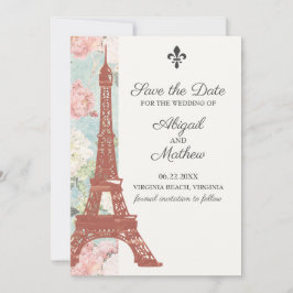 Reserva La Fecha Vintage Floral Eiffel Torre París Boda Azul