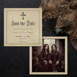 Reserva La Fecha Vintage Gothic Black Toile Cross Tan Photo Wedding