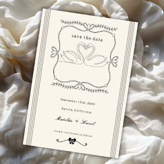 Reserva La Fecha Vintage Hand Drawn Swans Stripes Wedding