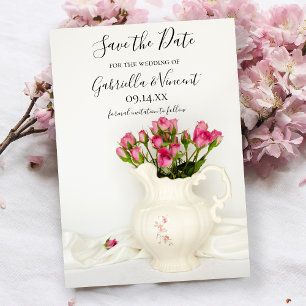 Reserva La Fecha Vintage Pitcher Pink Roses Wedding Save the Date