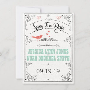 Reserva La Fecha Vintage Rustic Hearts Mint Coral Save the Date