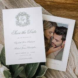 Reserva La Fecha Vintage Sage Green Crest Monogram Wedding Photo
