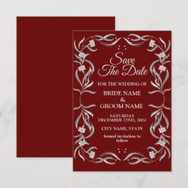 Reserva La Fecha Vintage Silver Floral Patrón Rojo Elegante Boda