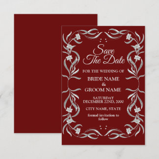 Reserva La Fecha Vintage Silver Floral Patrón Rojo Elegante Boda