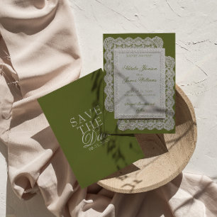 Reserva La Fecha Vintage Verde Oliva Encaje Boda Dinero Antiguo