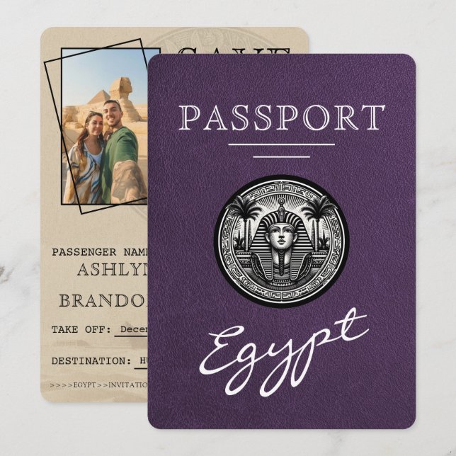 Reserva La Fecha Violet Egypt Passport Wedding Save the Date (Anverso / Reverso)