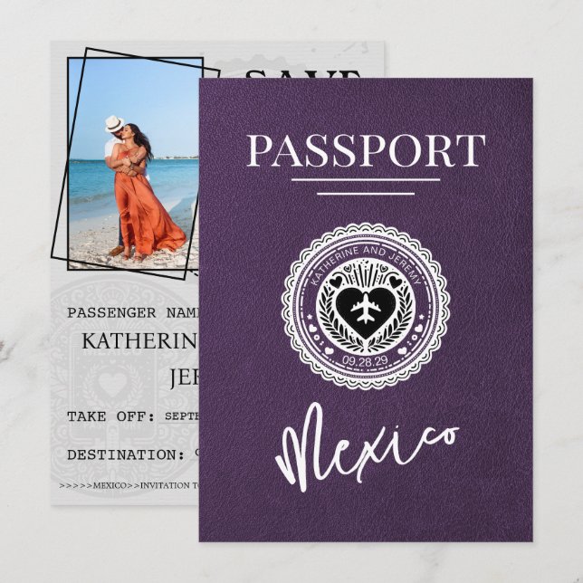 Reserva La Fecha Violet Mexico Passport Save the Date (Anverso / Reverso)