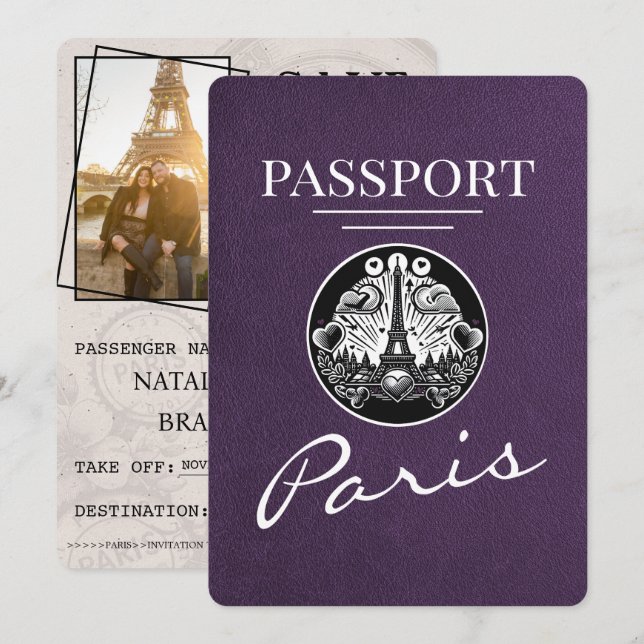 Reserva La Fecha Violet Purple Paris Passport Guardar la fecha (Anverso / Reverso)