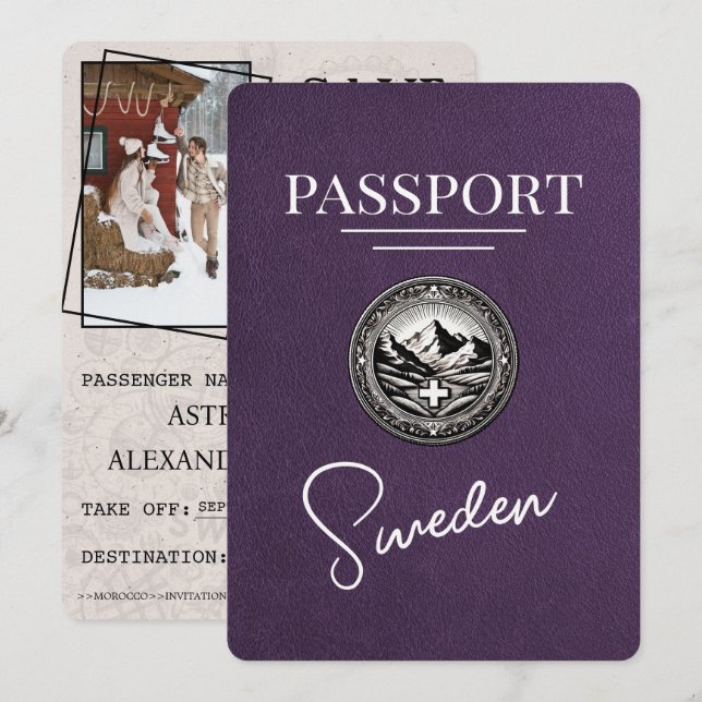 Reserva La Fecha Violet Purple Suecia Passport Save the Date (Anverso / Reverso)