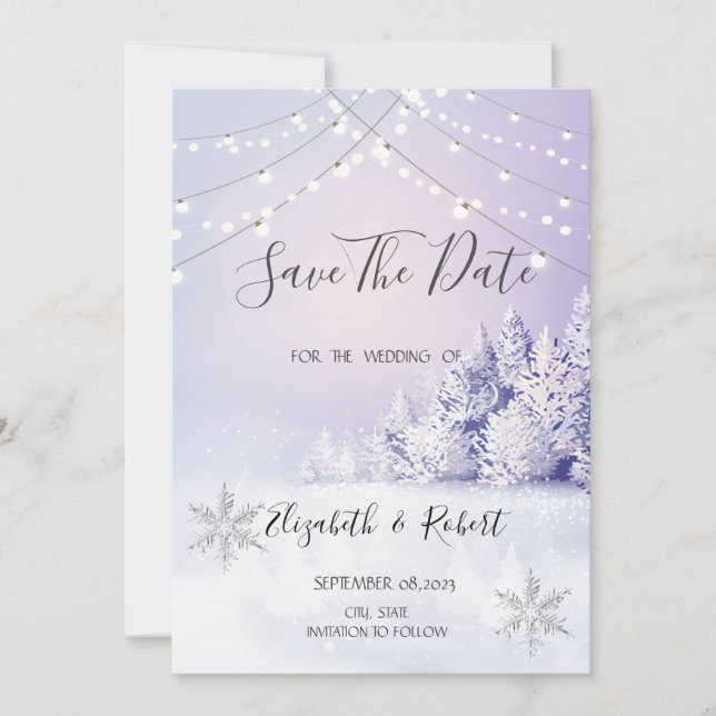 Reserva La Fecha Violet Winter Forest Snow Lights (Anverso)