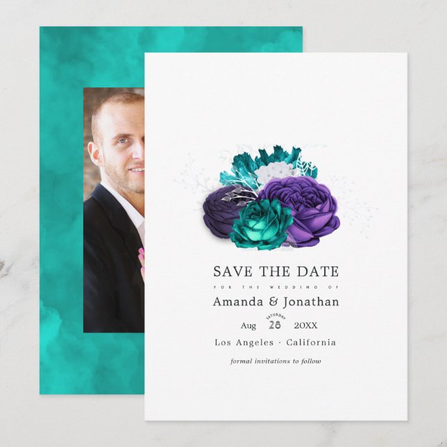 Reserva La Fecha Violet y Turquesa Floral Fotografía de Boda Guarda (Anverso / Reverso)