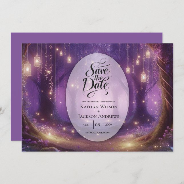 Reserva La Fecha Violeta a medianoche encantada Boda forestal (Anverso / Reverso)