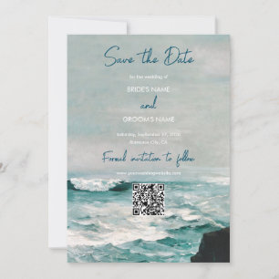 Reserva La Fecha Watercolor Beach Ocean Monograma Boda QR Code