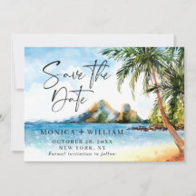 Watercolor Beach Sea Palm Tree Save the Date