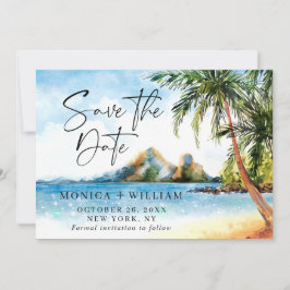 Reserva La Fecha Watercolor Beach Sea Palm Tree Save the Date