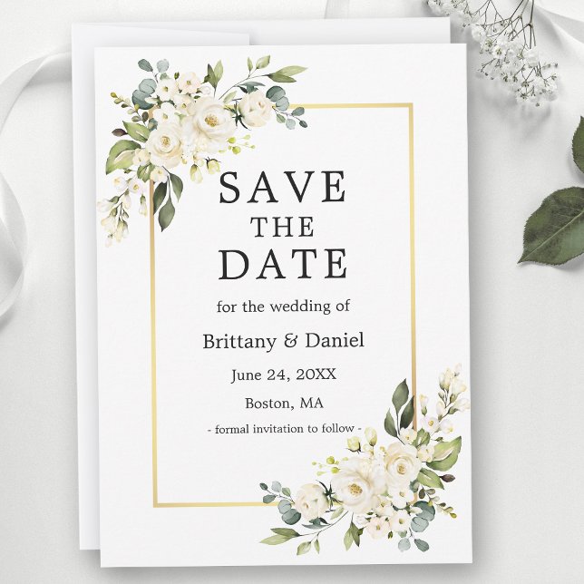 Reserva La Fecha Watercolor Blanco Floral Greeneration Gold (Customize to change text size or text style.)