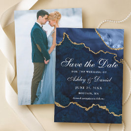 Reserva La Fecha Watercolor Blue Gold Marble Agble Geode Photo