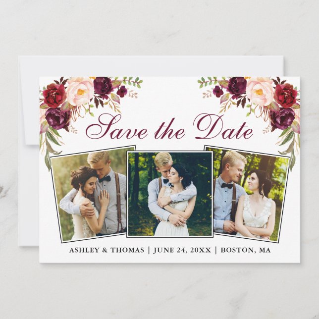 Reserva La Fecha Watercolor Burgundy Floral 3 Fotos (Anverso)