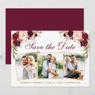 Reserva La Fecha Watercolor Burgundy Floral Gold 3 Foto