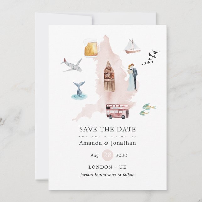 Reserva La Fecha Watercolor England Boda del Reino Unido (Anverso)