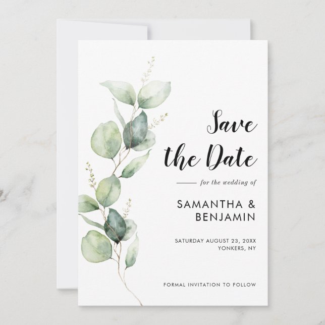 Reserva La Fecha Watercolor Eucalyptus Greenery Wedding (Anverso)