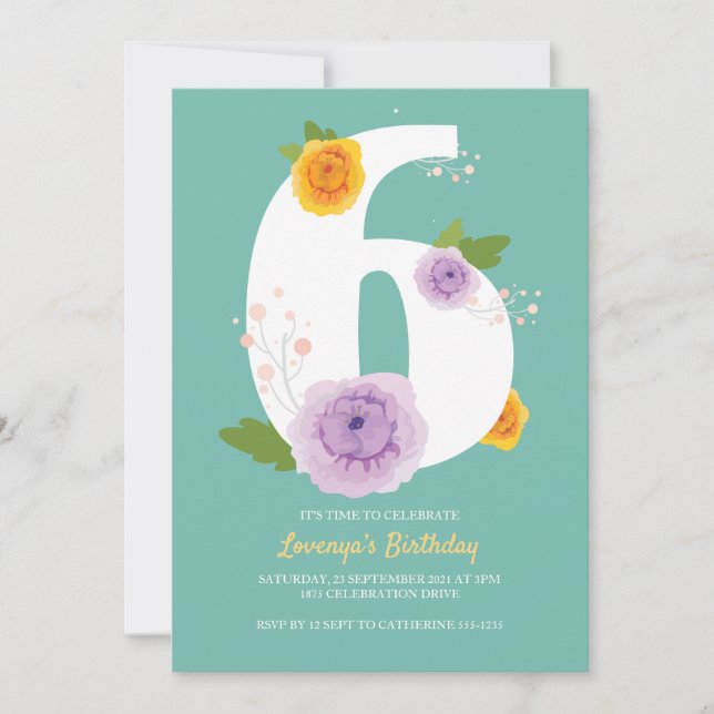 Reserva La Fecha Watercolor Floral Cute 6º cumpleaños (Anverso)