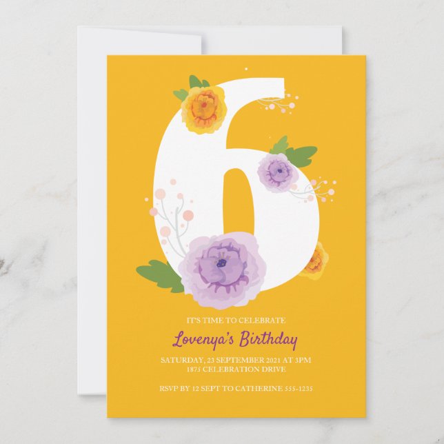 Reserva La Fecha Watercolor Floral Cute 6º cumpleaños (Anverso)