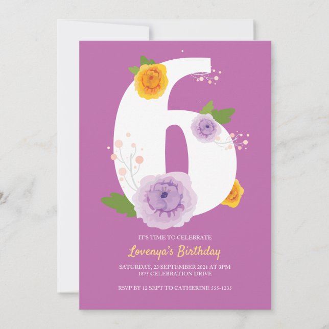 Reserva La Fecha Watercolor Floral Cute 6º cumpleaños (Anverso)
