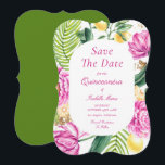 Reserva La Fecha Watercolor Floral Pink Peonies Tulips Quinceañera<br><div class="desc">Tulips Quinceañera Save the Dates Invitation presenta un marco floral de tulipanes rosados, peonías rosadas, cítricos de limón con frondas de palma y vegetación con acentos dorados shimmer sobre un fondo blanco. Dentro está su personalizado Quinceañera guardar la información de fecha. Personalice editando el texto en los cuadros de texto....</div>