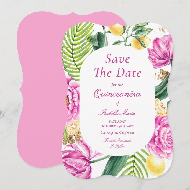 Reserva La Fecha Watercolor Floral Pink Peonies Tulips Quinceañera (Anverso / Reverso)