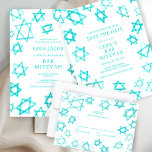 Reserva La Fecha Watercolor Guay Aqua Star of David Bar Bat Mitzvah<br><div class="desc">Perfecta tarjeta para anunciar la próxima fecha de un murciélago mitzvah, bar mitzvah u otra celebración judía! Hand hizo arte acuarela por ti en la parte delantera y trasera. ¡TODO PERSONALIZABLE! Haga clic en "Personalizar" para editar el texto. Haga clic en "editar usando la herramienta de diseño" para ajustar las...</div>