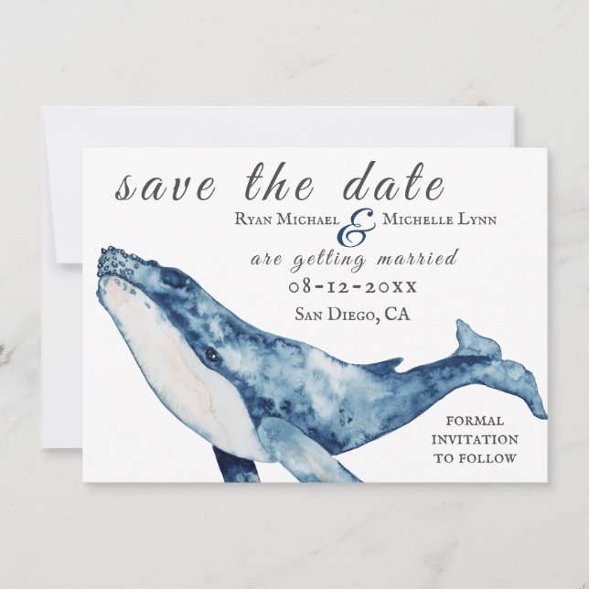 Reserva La Fecha Watercolor Humpback Whale Nautical Beach Wedding (Anverso)