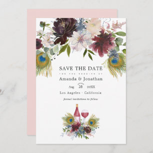 Reserva La Fecha Watercolor Marsala y Rubor Floral Boda Save T
