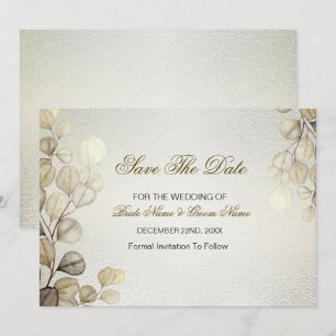 Reserva La Fecha Watercolor Oro Eucalipto Boda de follaje brillante